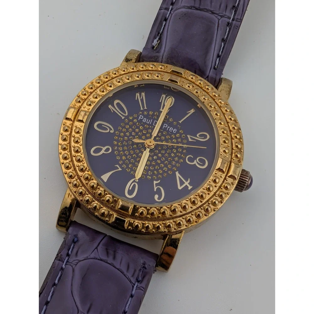 Paul Du Pree Watch Women 37mm Gold Case Purple Leather‎ Band- New Battery